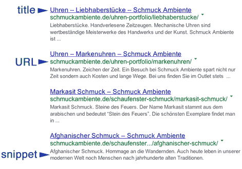 Beispiel SEO Schmuckambiente Google Snippets